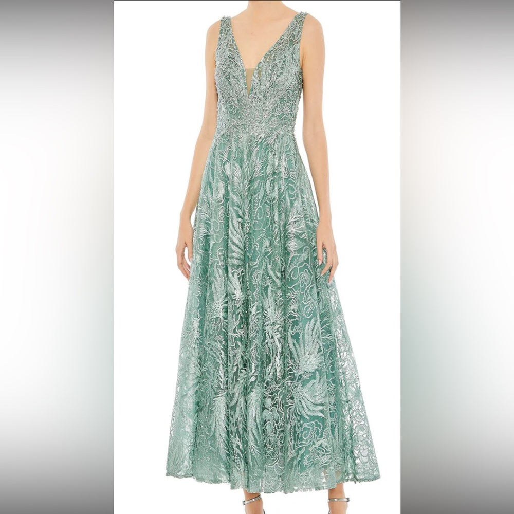Mac Duggal Teal Beaded Lace Midi Dress Size 6 V-Neck Formal Wedding Guest